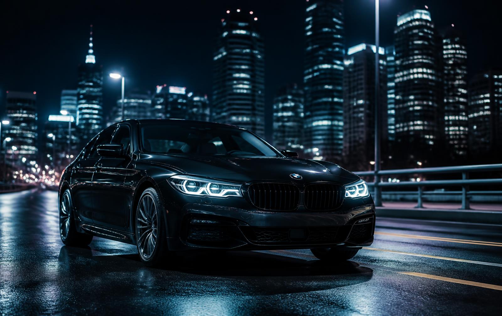 Black luxury sedan on a city street at night